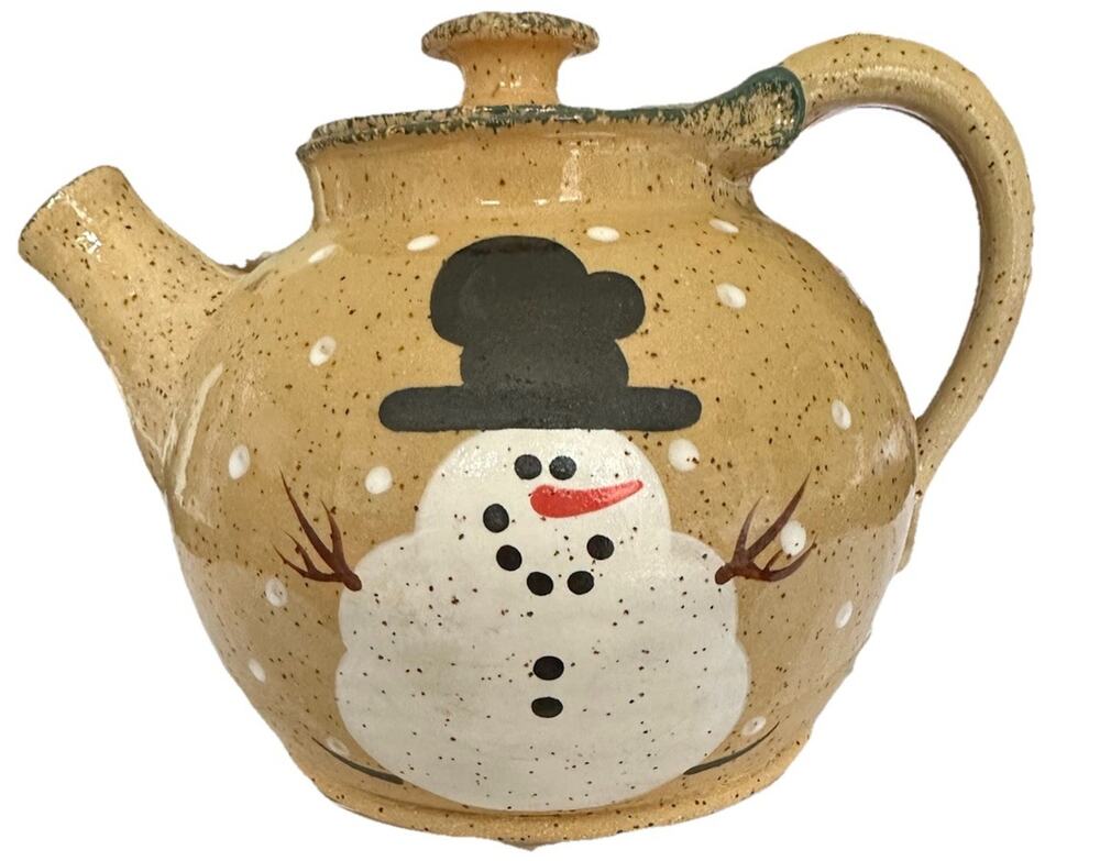 Three Rivers Pottery Teapot Hand Painted Snowman Winter Decorative Vintage